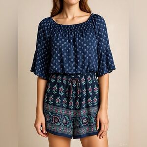 Anthropologie ett twa Kaleo Boho S off the shoulder Romper Smocked Waist Chic